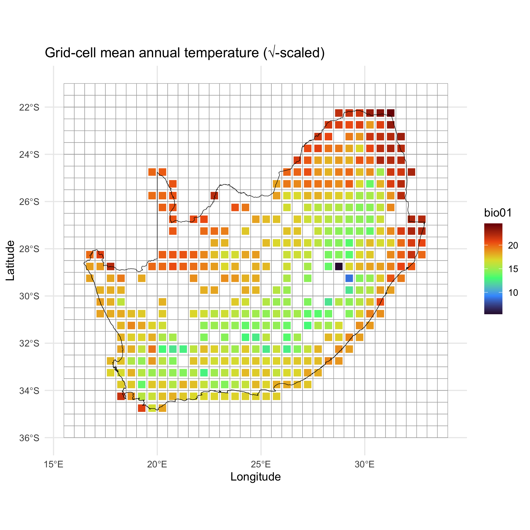 Grid-cell mean annual temperature (√-scaled)