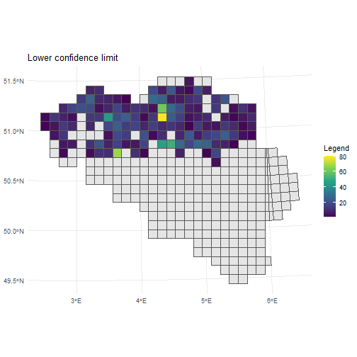 Lower CI's for mean number of occurrences per grid cell.