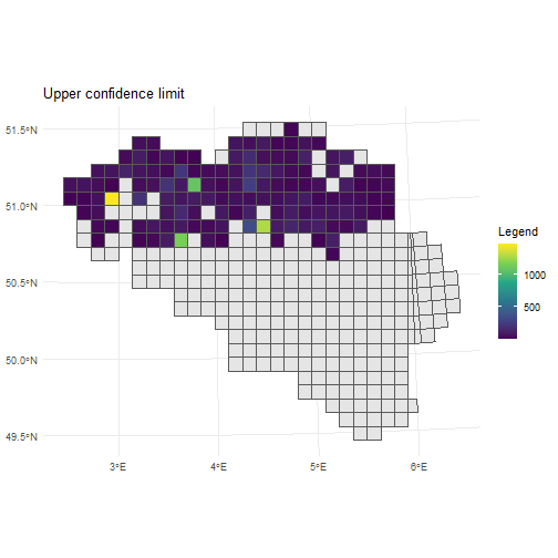 Upper CI's for mean number of occurrences per grid cell.