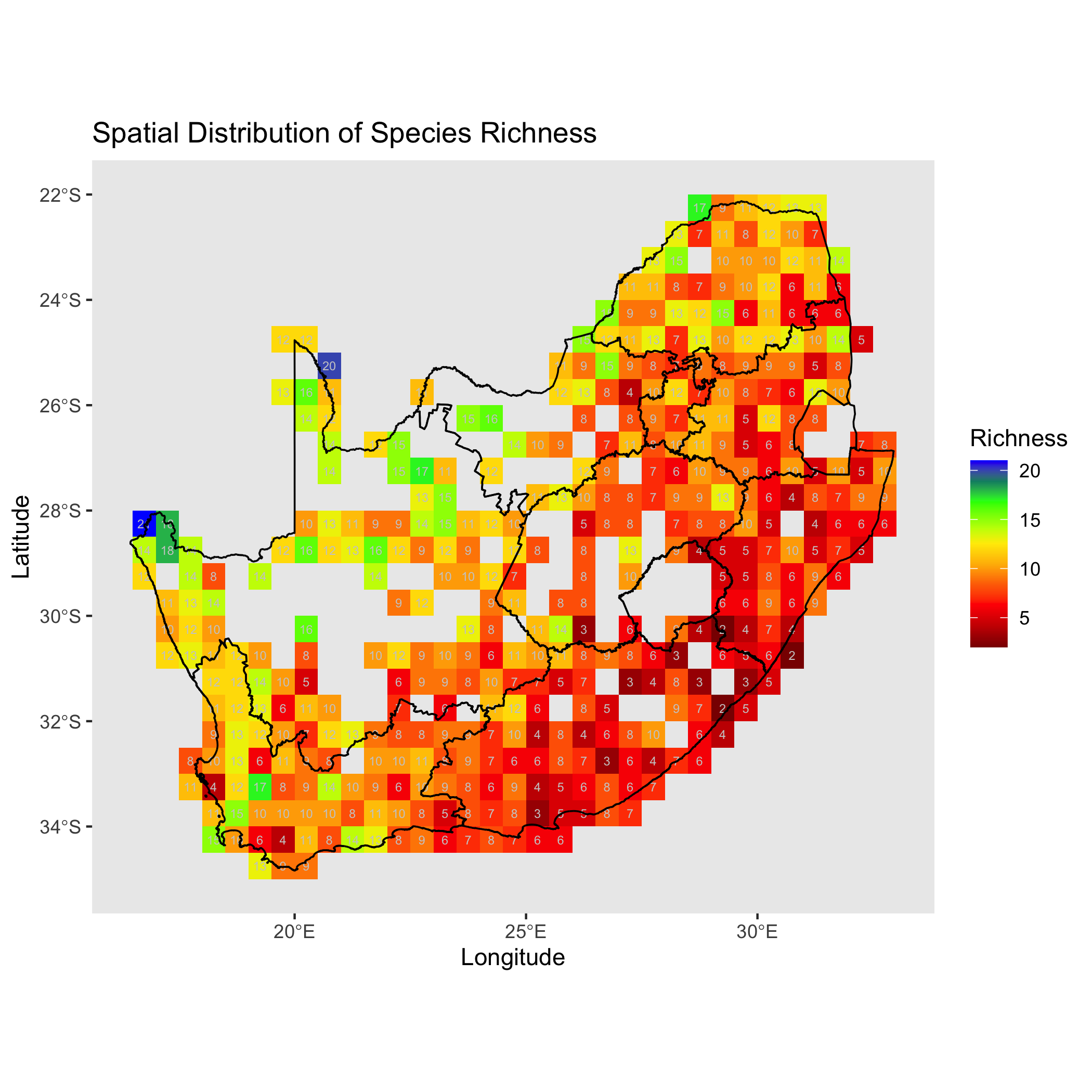 Spatial distribution of species richness